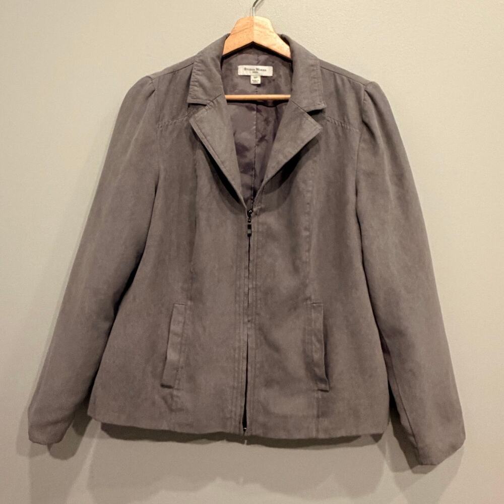 Studio Works Petite Faux Suede Zip-Up Blazer Jacket Grey Size 10P